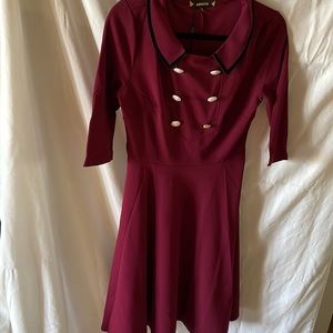 NWT Burgundy dress br buttons bl velveteen collar trim 3/4 sleeves side zipper